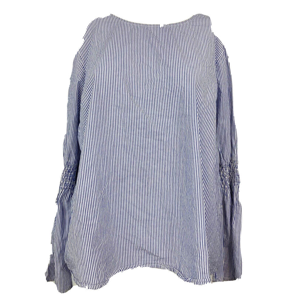 Beach Lunch Lounge Shirt Womens Sz L White Blue Striped Cotton Bell Sleeve Top